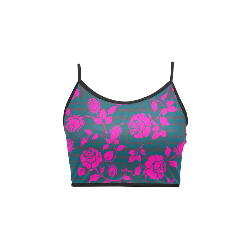 fuchsia rose emerald green greek key print 4 Women's Spaghetti Strap Crop Top (Model T67) - Objet D'Art