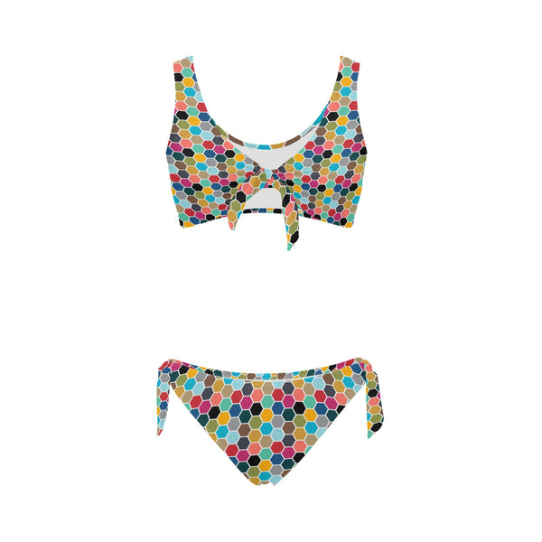 colorful hex swimwear print Bow Tie Front Bikini Swimsuit (Model S38) - Objet D'Art