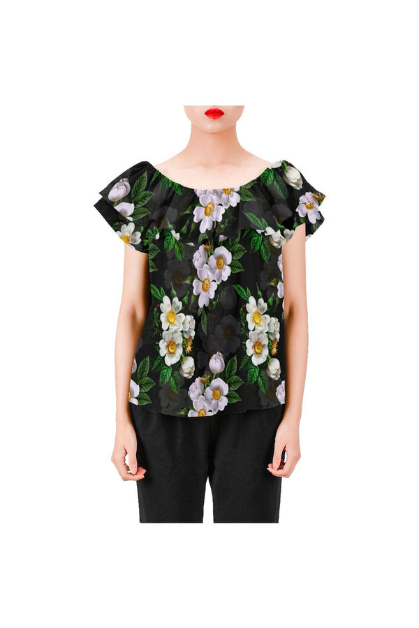 White Roses Women's Off Shoulder Blouse with Ruffle (Model T29) - Objet D'Art