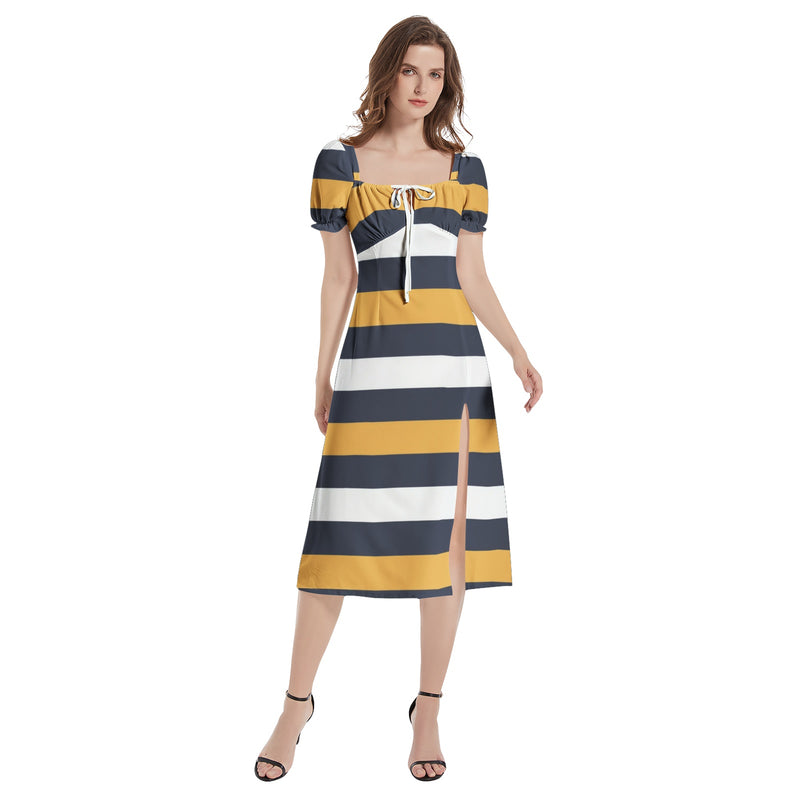 Blue & Gold Bold Striped Puff Sleeve Split Thigh Midi Dress - Objet D'Art