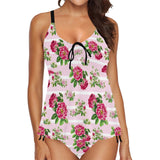 pink striped floral print 4Q Chest Drawstring Swim Dress (Model S30) - Objet D'Art