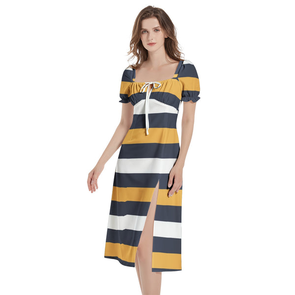 Blue & Gold Bold Striped Puff Sleeve Split Thigh Midi Dress - Objet D'Art