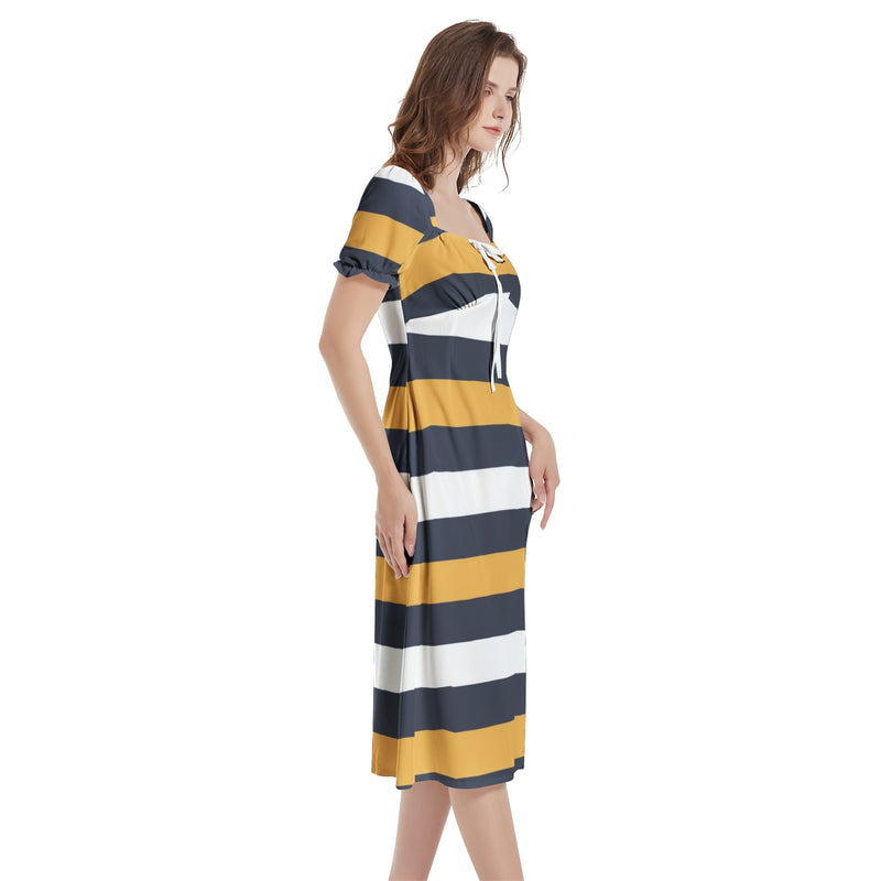 Blue & Gold Bold Striped Puff Sleeve Split Thigh Midi Dress - Objet D'Art