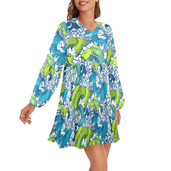 pisces neon green blue ombre print V-Neck Loose Fit Dress (Model D66) - Objet D'Art