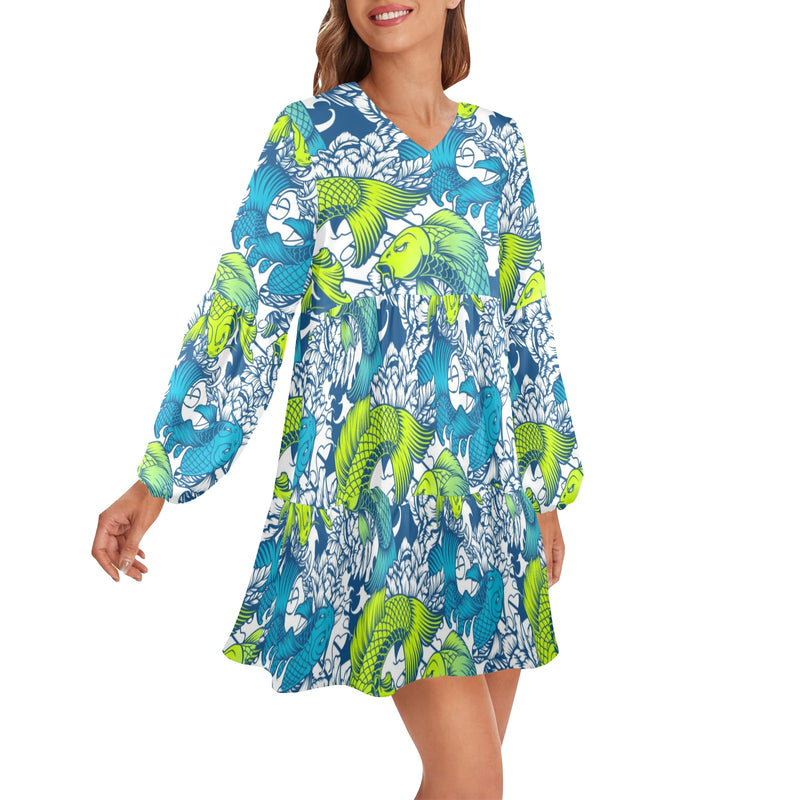 pisces neon green blue ombre print V-Neck Loose Fit Dress (Model D66) - Objet D'Art