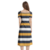 Blue & Gold Bold Striped Puff Sleeve Split Thigh Midi Dress - Objet D'Art
