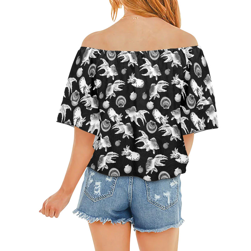 aquatic life bw print Off Shoulder Knot Front Blouse (Model T71) - Objet D'Art