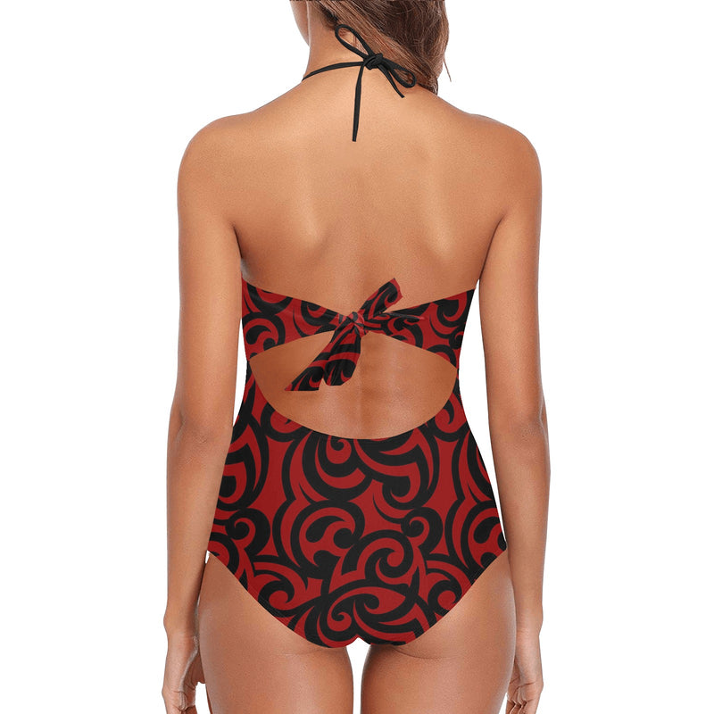 red and black scroll print Lace Band Embossing Swimsuit (Model S15) - Objet D'Art