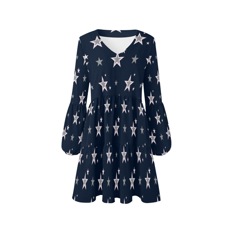 stars blue print 2 V-Neck Loose Fit Dress (Model D62) - Objet D'Art