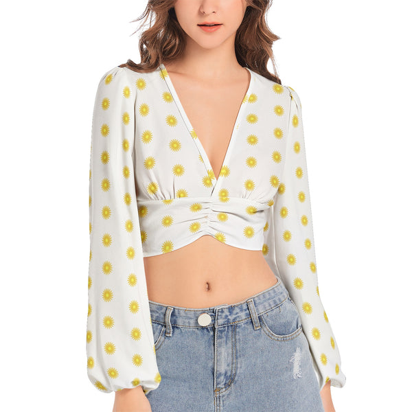 Tiny Suns Women's Deep V-Neck Lantern Sleeve Crop Top - Objet D'Art