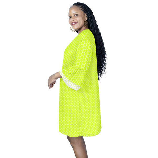 white on neon green hex print Half Sleeves V-Neck Mini Dress (Model D63) - Objet D'Art