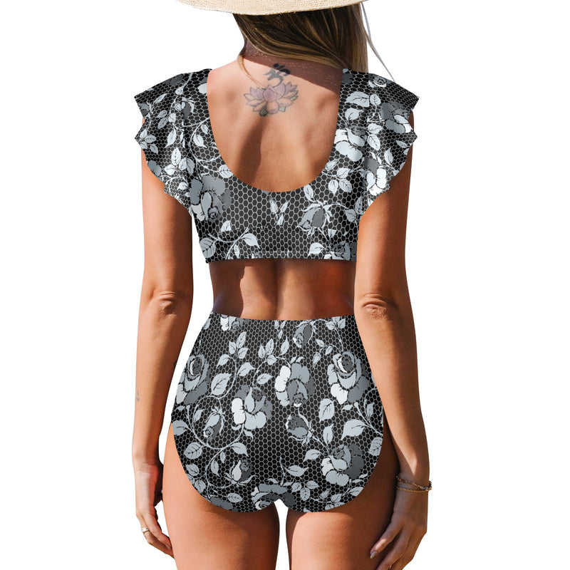 selenium gray print 1 Women's Ruffle Sleeve Bikini Swimsuit (Model S42) - Objet D'Art