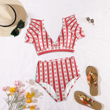gingham red white print Women's Ruffle Sleeve Bikini Swimsuit (Model S42) - Objet D'Art