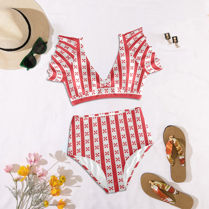 gingham red white print Women's Ruffle Sleeve Bikini Swimsuit (Model S42) - Objet D'Art