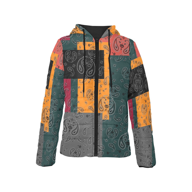 bandana print calico yoga_leggings_template-Recovered-Recovered copy Women's Padded Hooded Jacket (Model H46) - Objet D'Art