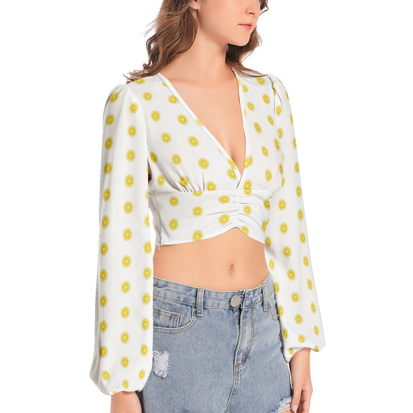 Tiny Suns Women's Deep V-Neck Lantern Sleeve Crop Top - Objet D'Art