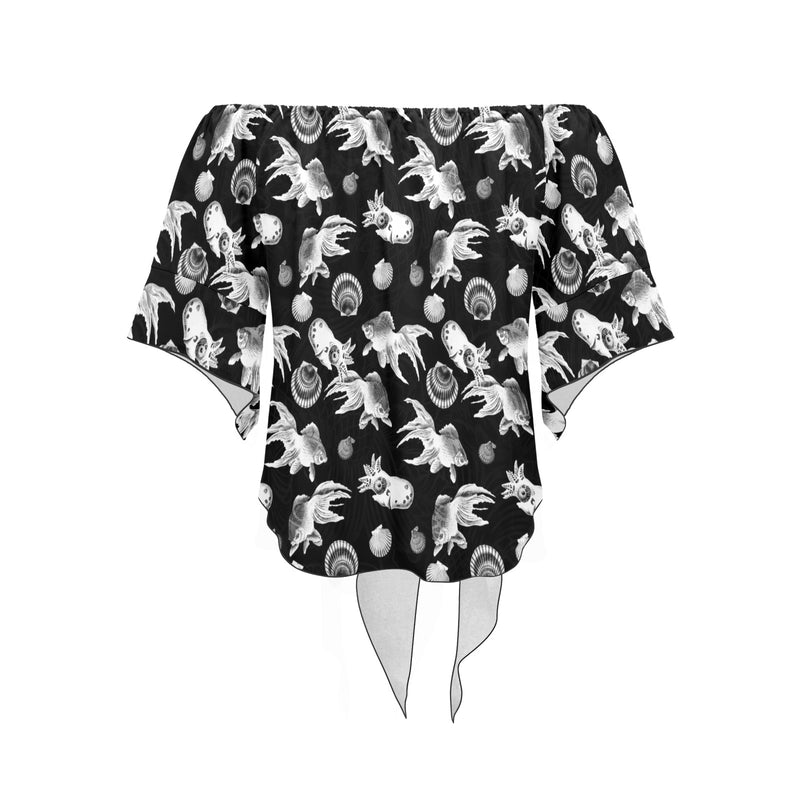 aquatic life bw print Off Shoulder Knot Front Blouse (Model T71) - Objet D'Art