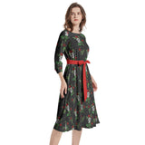 Skull and Roses Boat Neck Belted Flared Dress - Objet D'Art