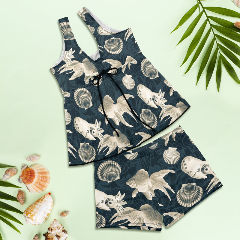 aqua world print 10 Women's Vest Skirt Split Swimsuit (Model S47) - Objet D'Art