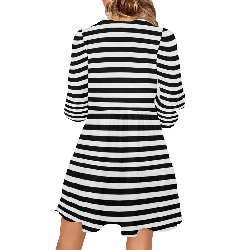 bw thin striped print 3 V-Neck Loose Fit Dress (Model D62) - Objet D'Art