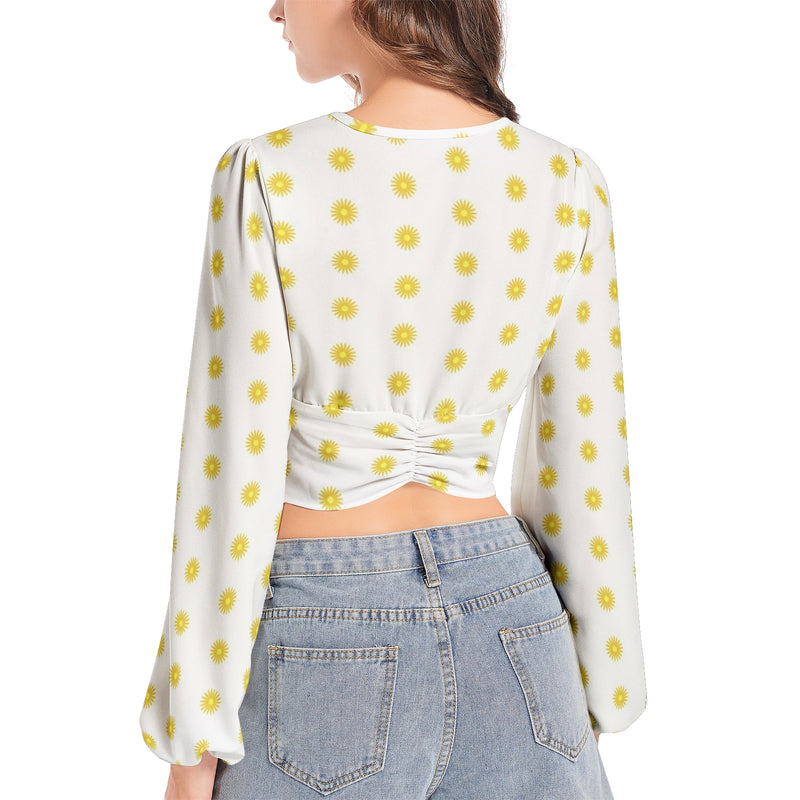 Tiny Suns Women's Deep V-Neck Lantern Sleeve Crop Top - Objet D'Art