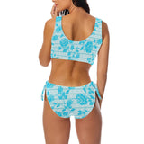 greek roses in blue print Bow Tie Front Bikini Swimsuit (Model S38) - Objet D'Art