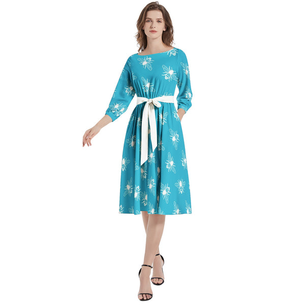 Boat Neck Belted Flared Dress - Objet D'Art