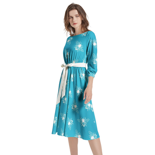 Boat Neck Belted Flared Dress - Objet D'Art
