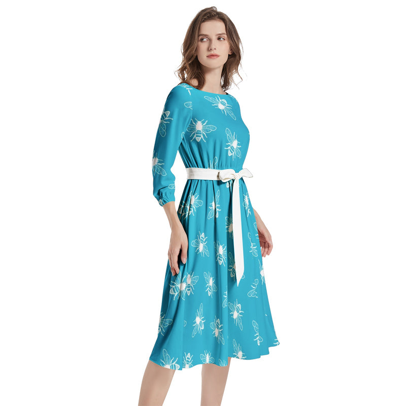 Boat Neck Belted Flared Dress - Objet D'Art