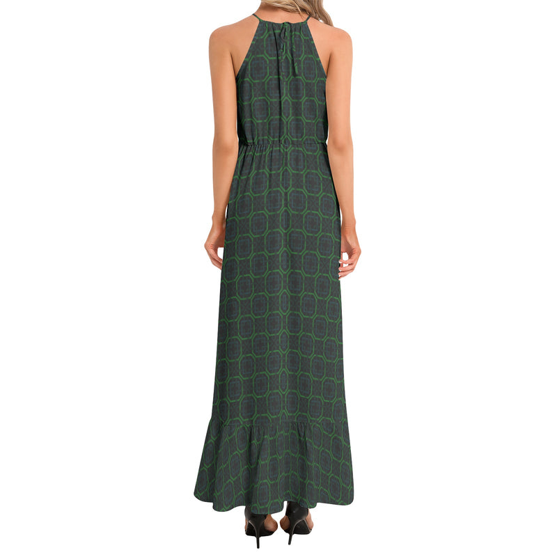 Emerald Maze Ruffle Hem Halter Neck Maxi Dress - Objet D'Art