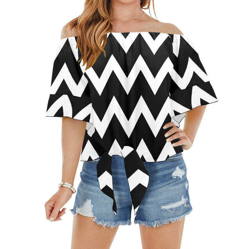 waves12 print Off Shoulder Knot Front Blouse (Model T71) - Objet D'Art