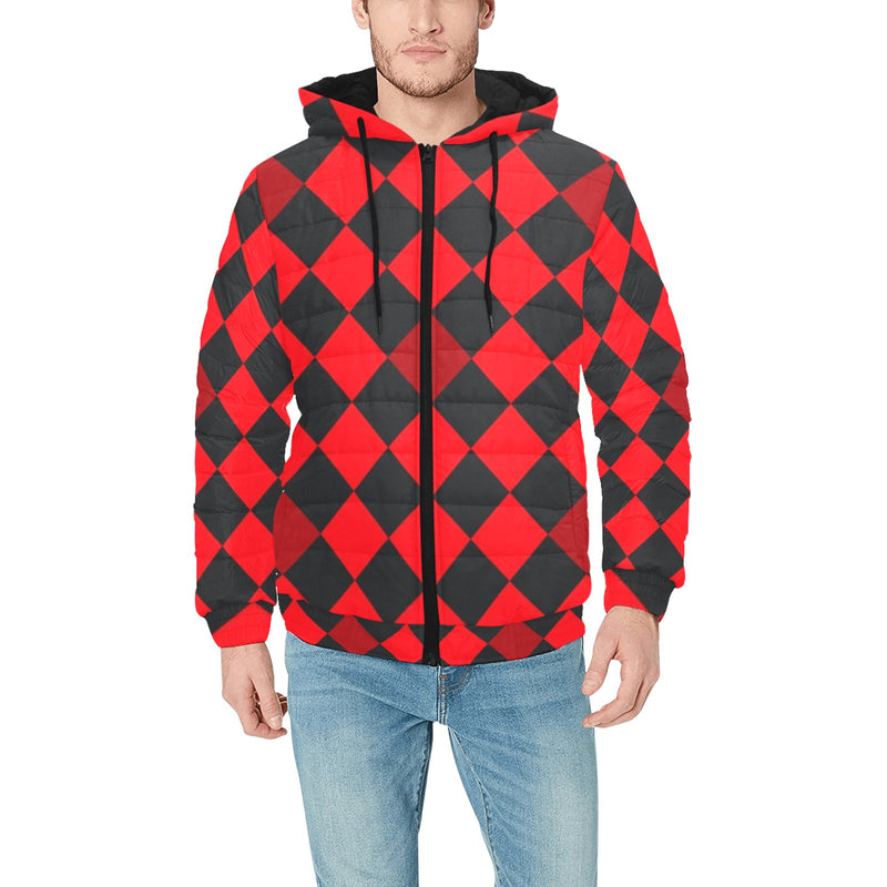 red black diamond print 2 Men's Padded Hooded Jacket (Model H42) - Objet D'Art