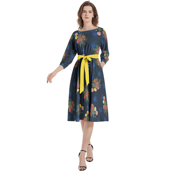 Dahlia Boat Neck Belted Flared Dress - Objet D'Art