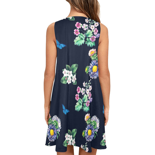 floral print butterfly 4 Sleeveless A-Line Pocket Dress (Model D57) - Objet D'Art