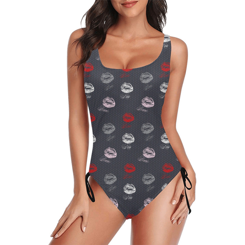 kisses print 2A Drawstring Side One-Piece Swimsuit (Model S14) - Objet D'Art
