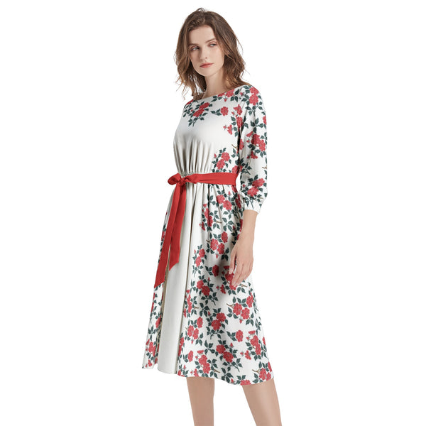 Boat Neck Belted Flared Dress - Objet D'Art