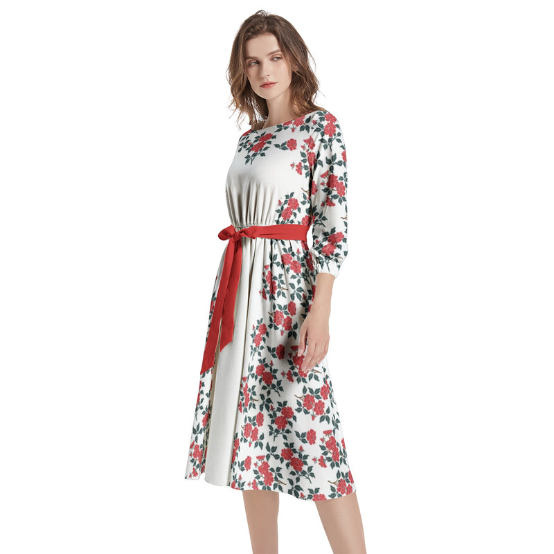 Boat Neck Belted Flared Dress - Objet D'Art