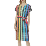Polka Dot Rainbow Batwing Sleeve Notch Neck Casual Dress with Belt - Objet D'Art