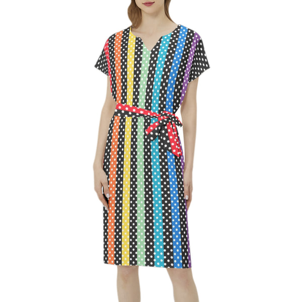 Polka Dot Rainbow Batwing Sleeve Notch Neck Casual Dress with Belt - Objet D'Art