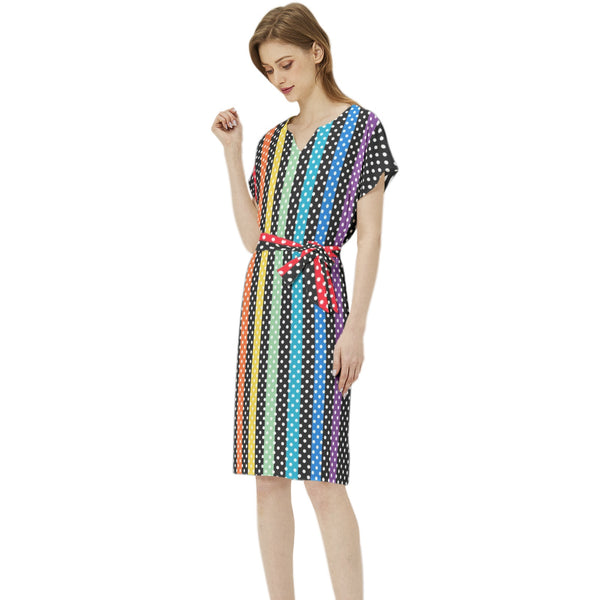 Polka Dot Rainbow Batwing Sleeve Notch Neck Casual Dress with Belt - Objet D'Art