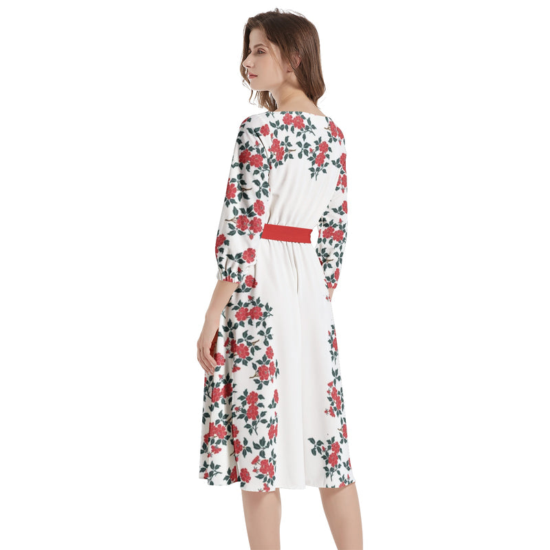 Boat Neck Belted Flared Dress - Objet D'Art
