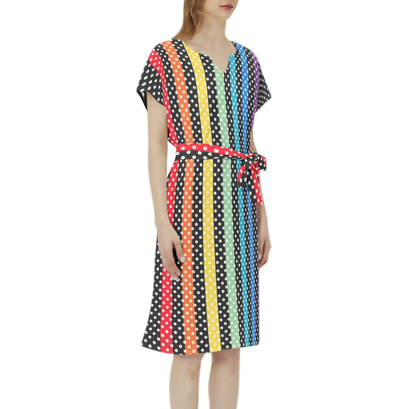 Polka Dot Rainbow Batwing Sleeve Notch Neck Casual Dress with Belt - Objet D'Art