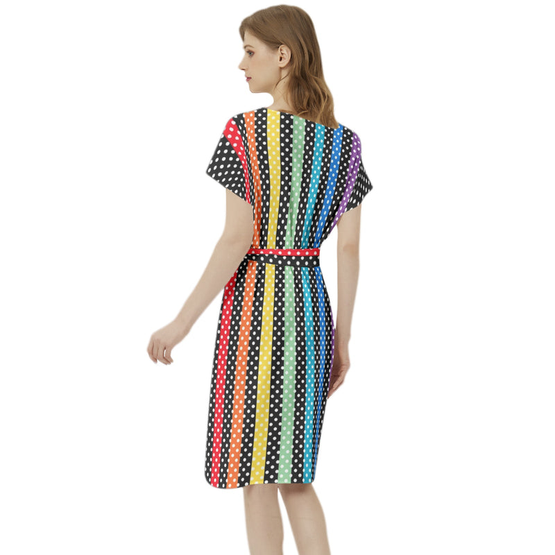 Polka Dot Rainbow Batwing Sleeve Notch Neck Casual Dress with Belt - Objet D'Art