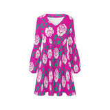 fuchsia rose green petal print V-Neck Loose Fit Dress (Model D62) - Objet D'Art