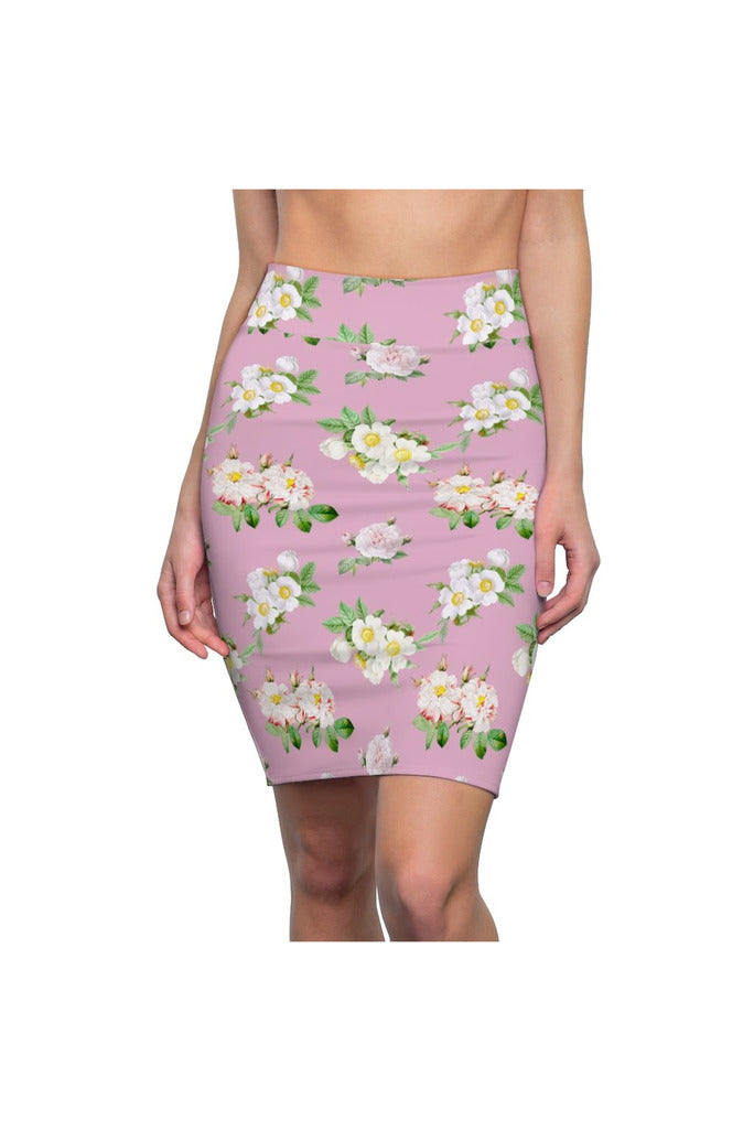 Pressed Rose Floral Print Women's Pencil Skirt - Objet D'Art