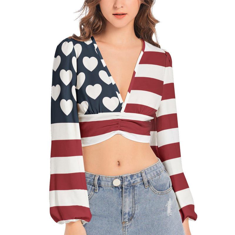 Americana USA Women's Deep V-Neck Lantern Sleeve Crop Top - Objet D'Art