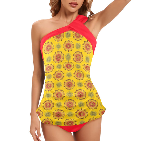 scarlet flame print 2 Women's One Shoulder Backless Swimsuit (Model S44) - Objet D'Art