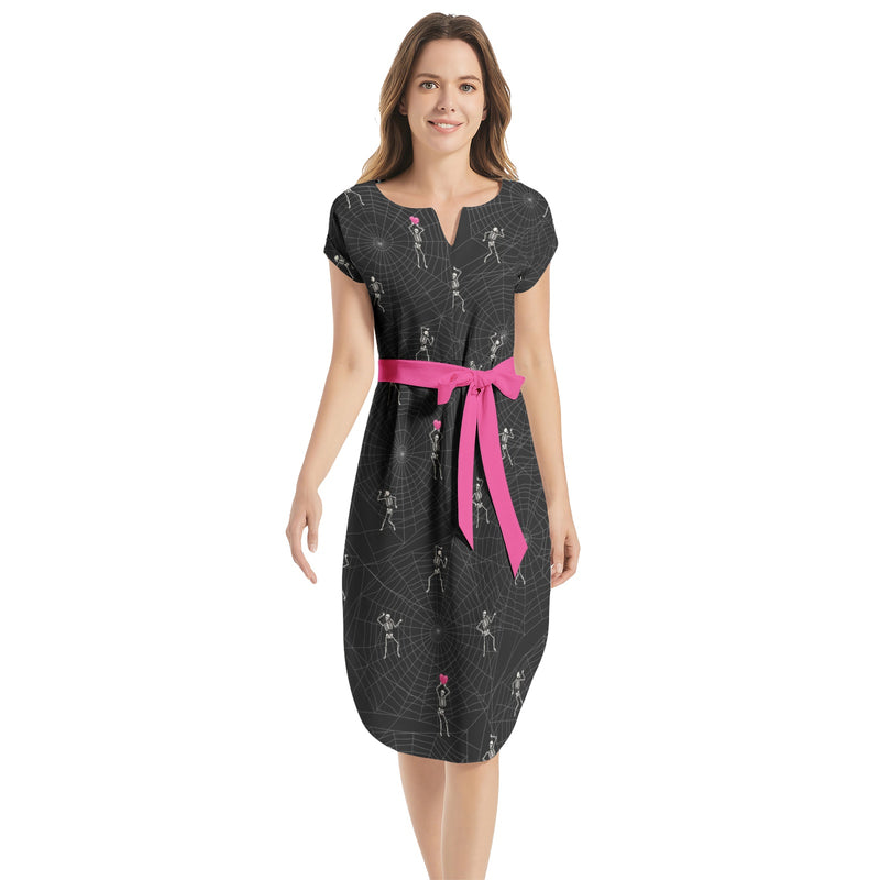 Bones Hearts and Cobwebs Notched Neck Belted Dress - Objet D'Art