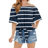 dk blue striped print 2 A B Off Shoulder Knot Front Blouse (Model T71) - Objet D'Art