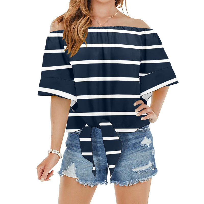 dk blue striped print 2 A B Off Shoulder Knot Front Blouse (Model T71) - Objet D'Art